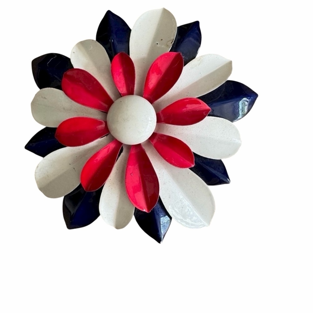 Vintage Enameled Red, White, and Blue Flower Brooch - Picture 1 of 4